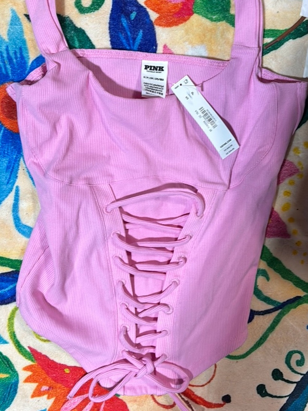 PINK Victoria's Secret Pink Ribbed Lace-Up Tank Top Sz S- NWT